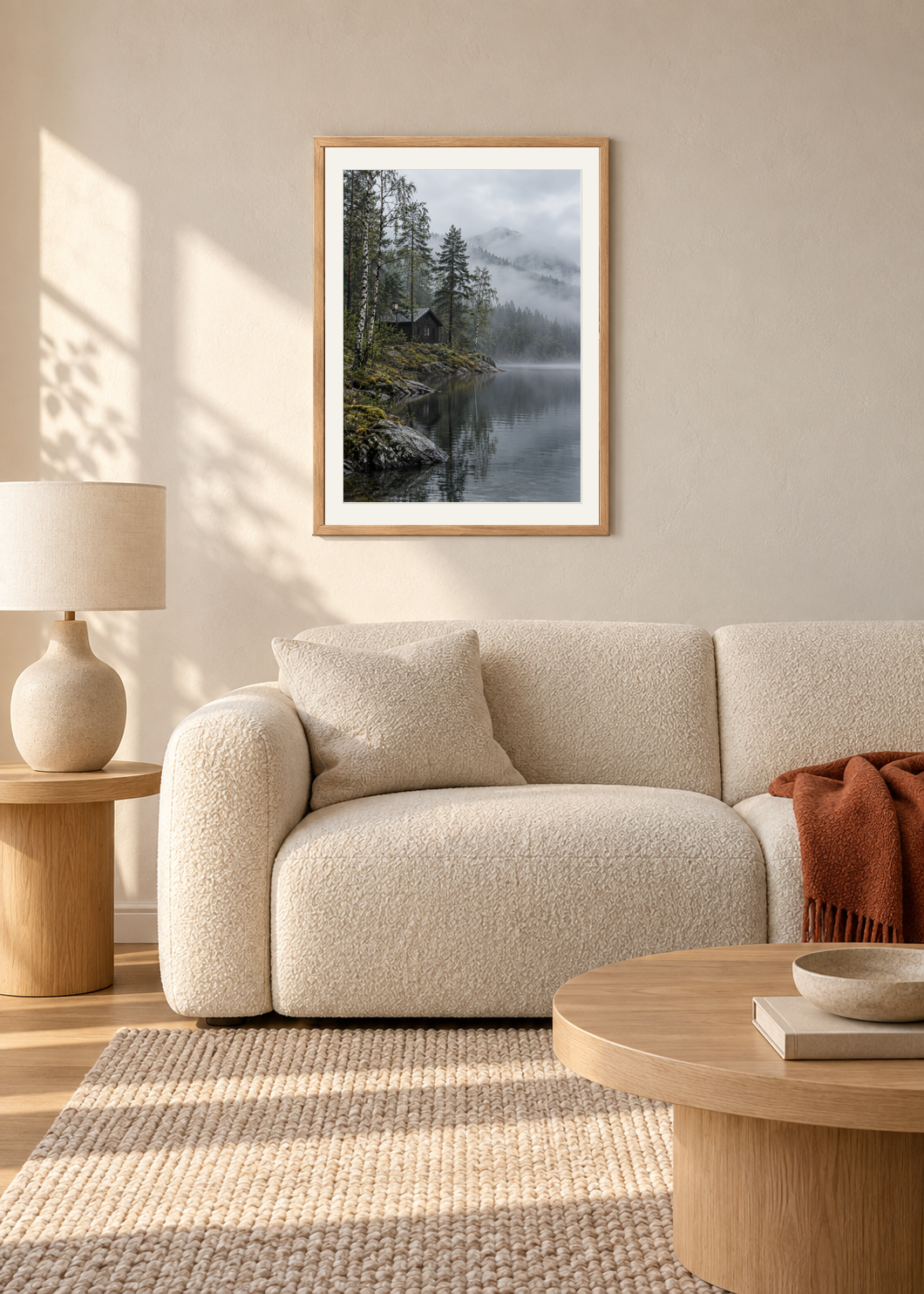 Nordic Cabin After Rain, natural oak framed lifestyle presentation with Snow White mount