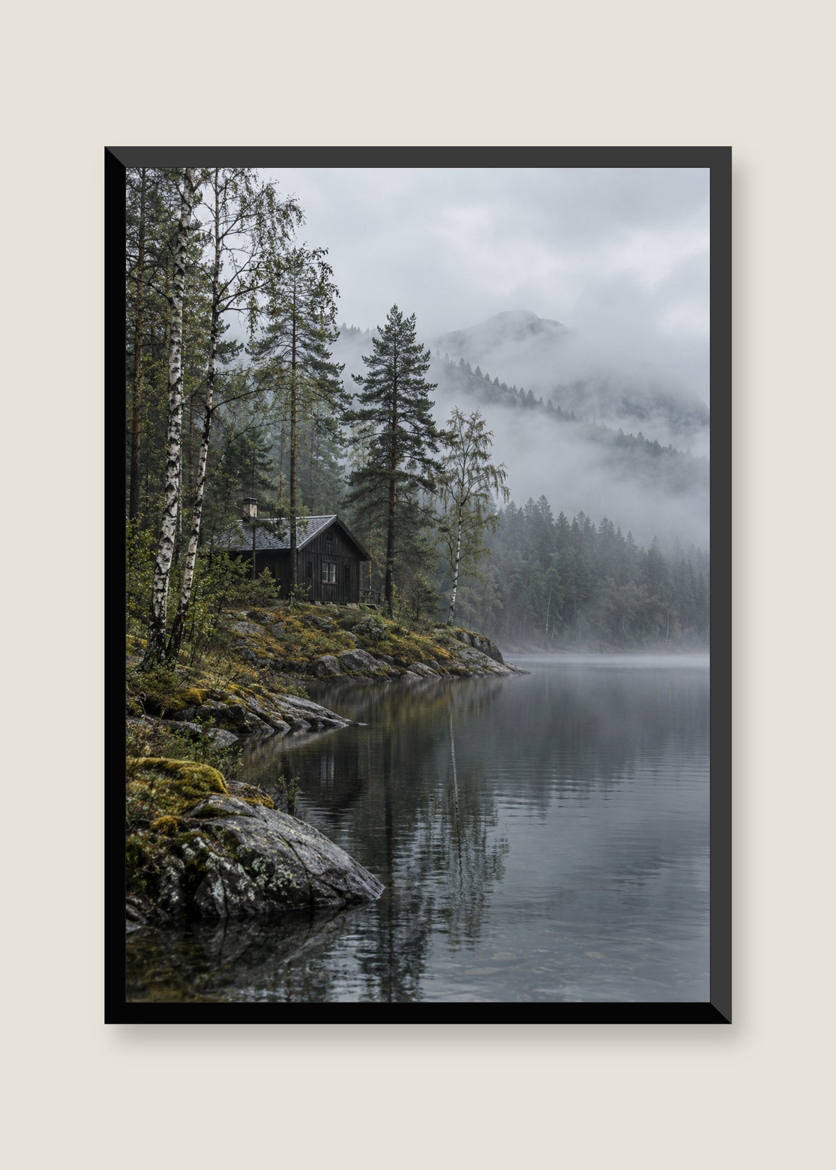 Nordic Cabin After Rain, No mat with black frame