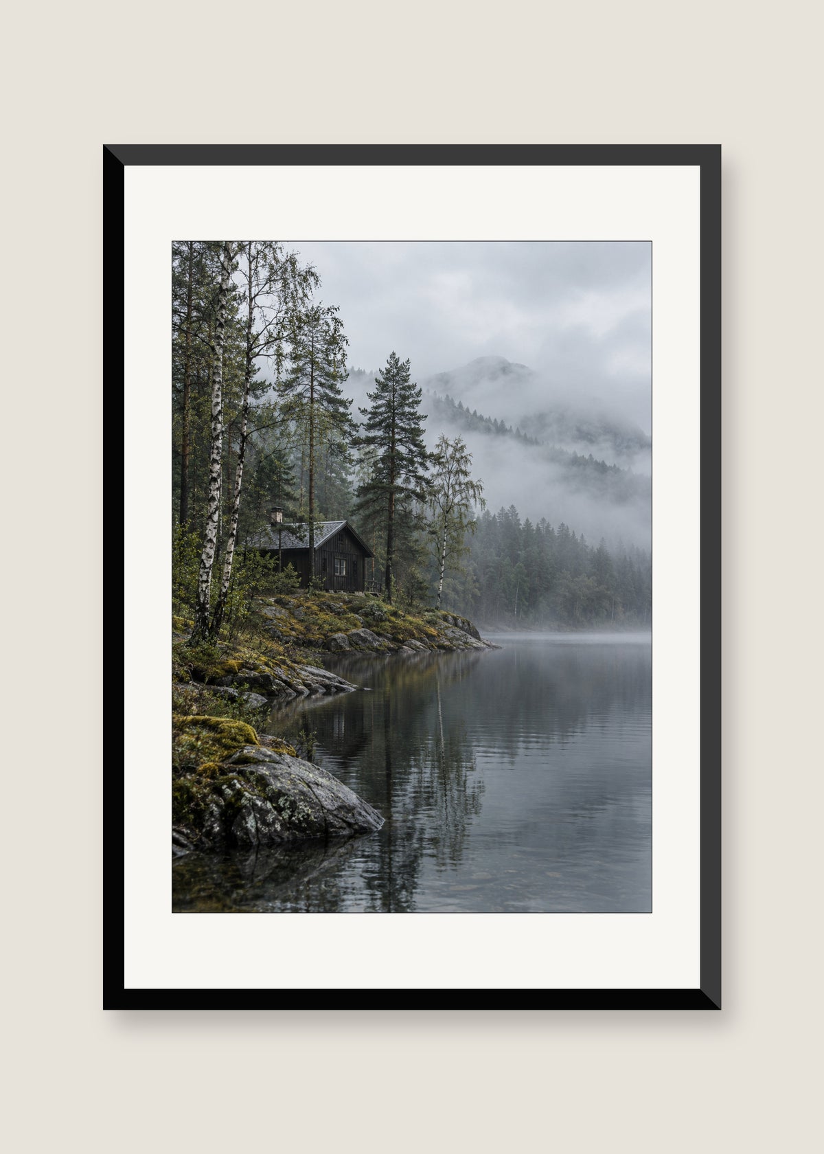 Nordic Cabin After Rain, White mat with black frame