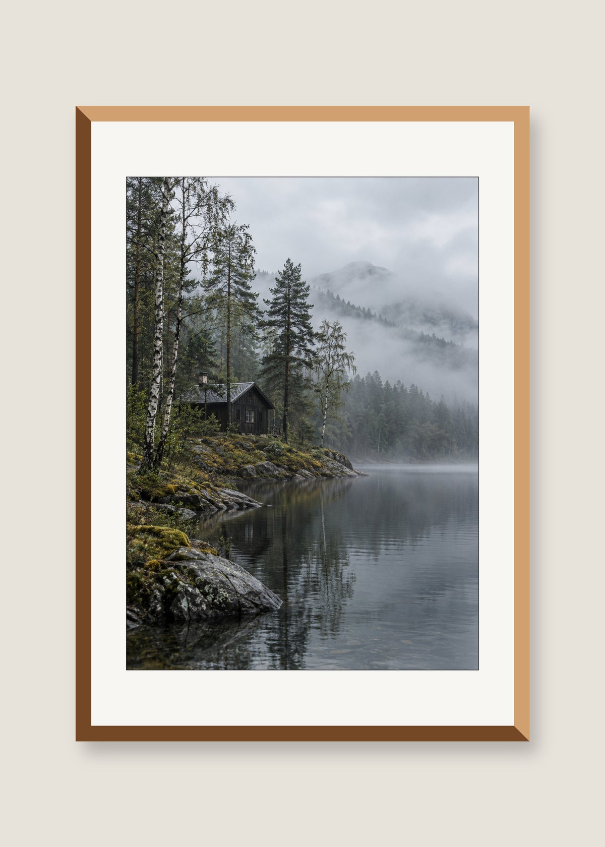 Nordic Cabin After Rain, White mat with natural oak frame