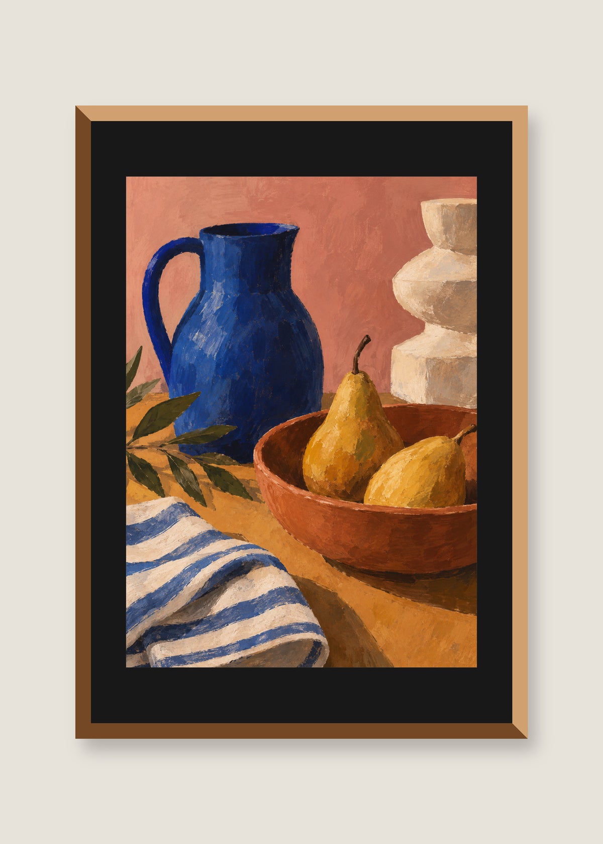 Objects After Lunch, Black mat with natural oak frame
