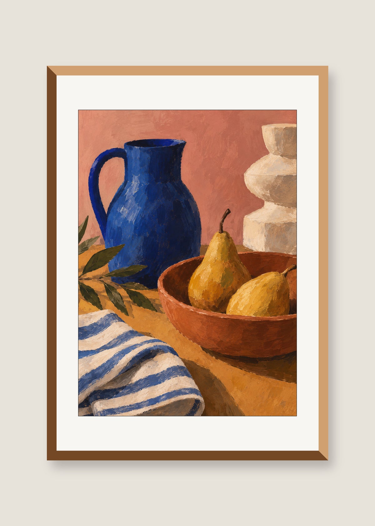 Objects After Lunch, White mat with natural oak frame
