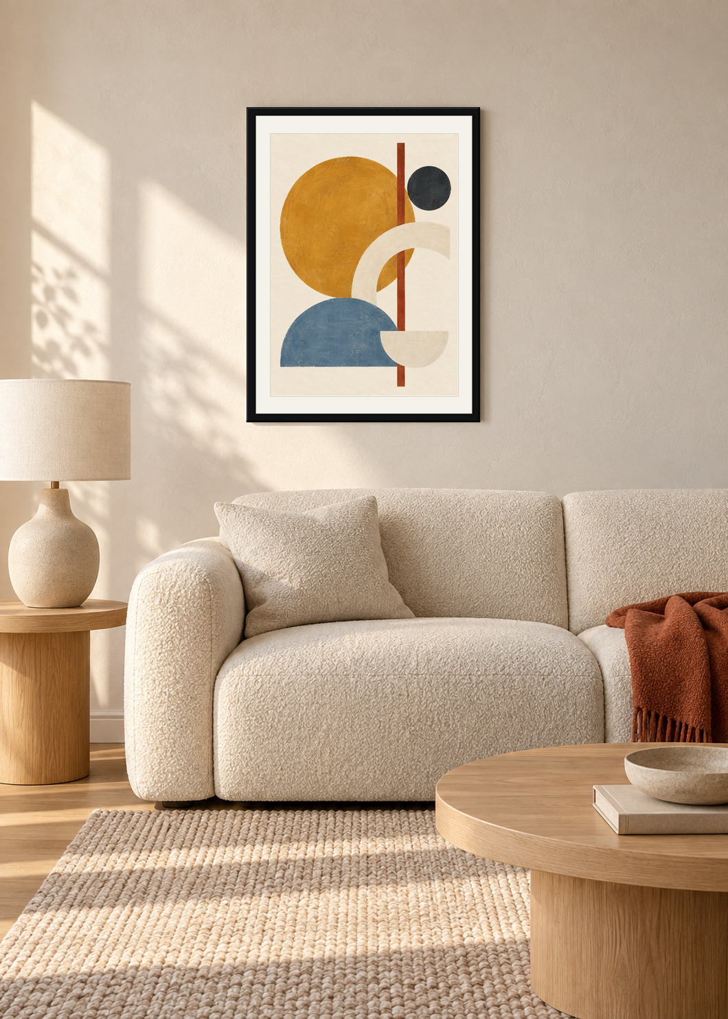 Ochre Orbit No. 01, black framed lifestyle presentation with Snow White mount
