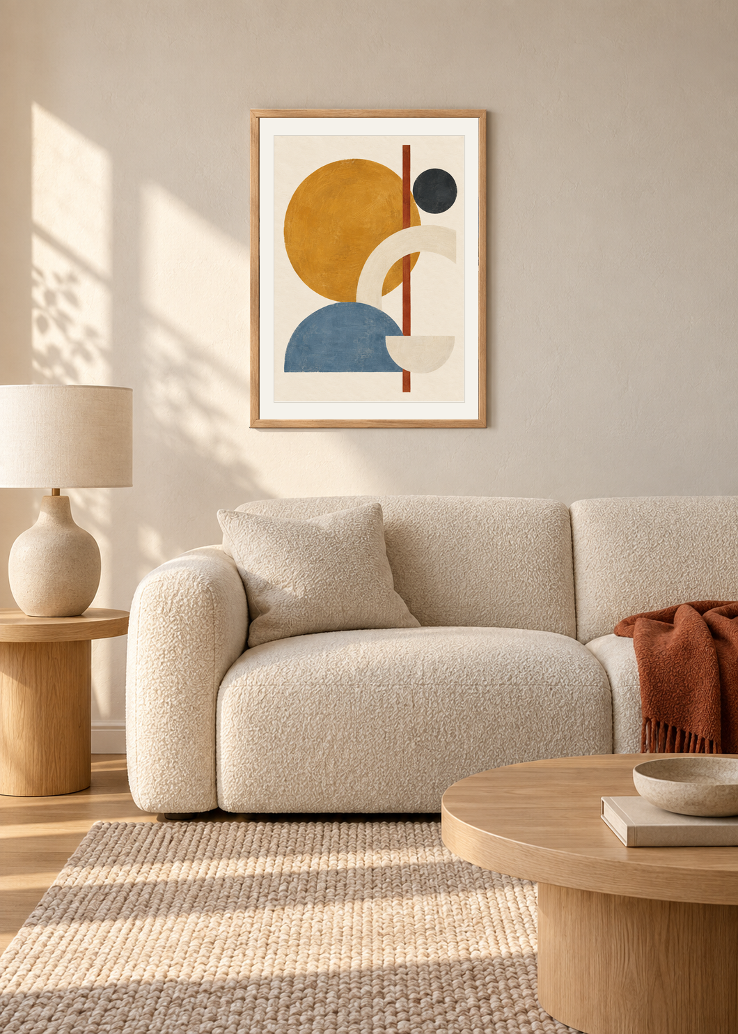 Ochre Orbit No. 01, natural oak framed lifestyle presentation with Snow White mount