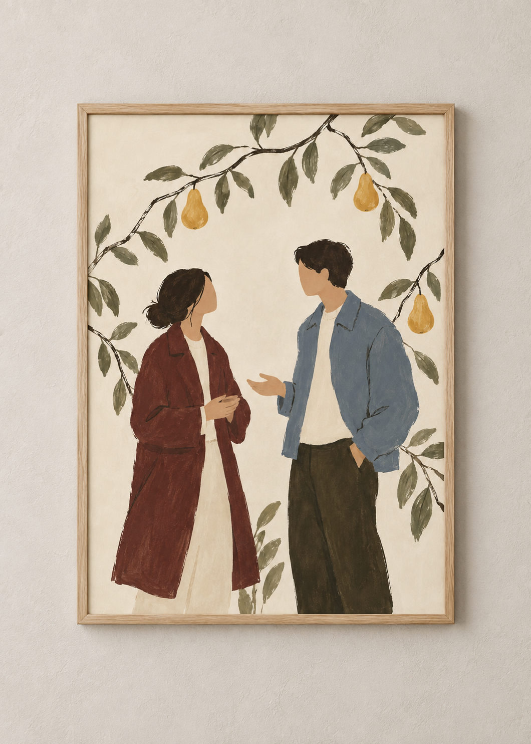 Orchard Conversation art print in a natural oak frame, shown at 50 x 70 cm