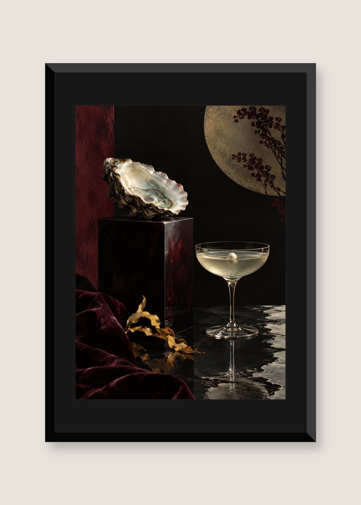 Oyster Hour, Black mat with black frame
