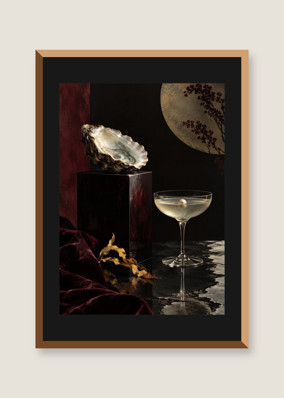 Oyster Hour, Black mat with natural oak frame