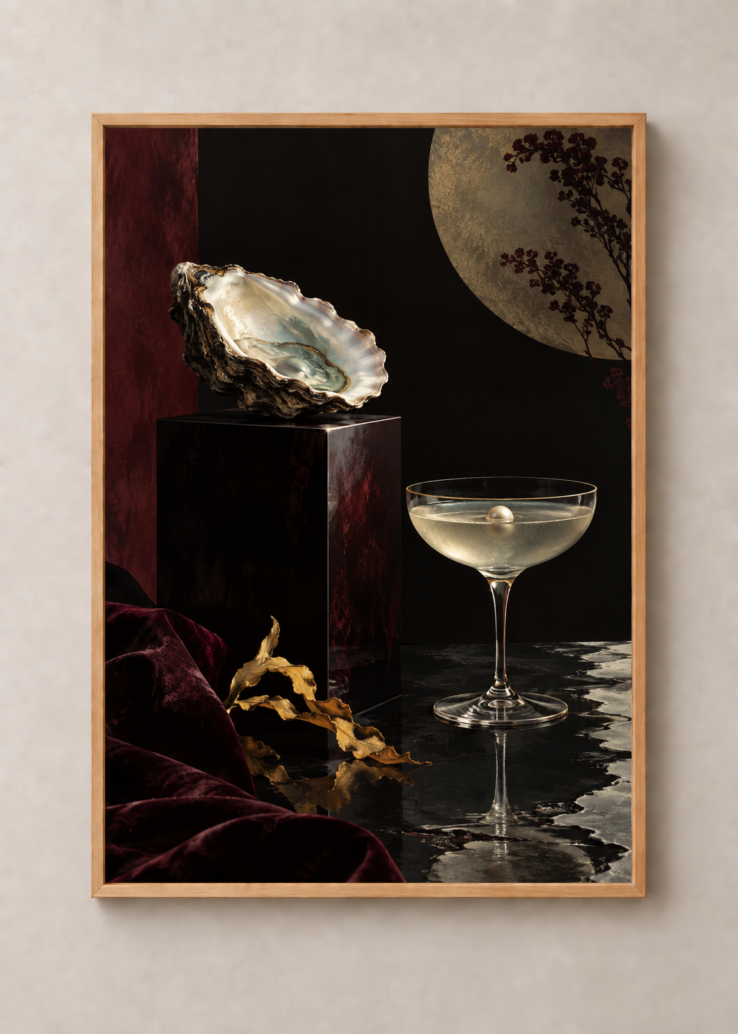Oyster Hour, framed 50 by 70 centimetre art print in natural wood