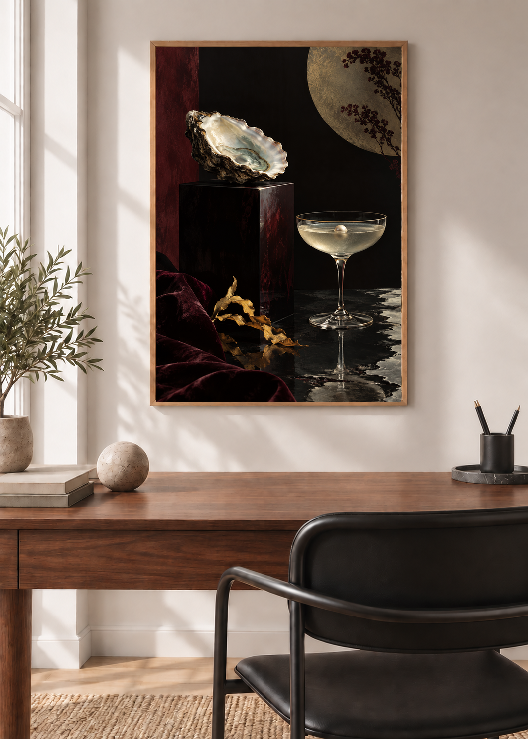 Oyster Hour, framed 50 by 70 centimetre art print styled in a modern interior