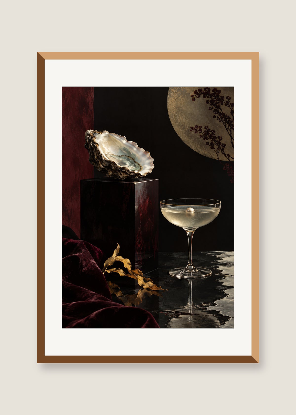 Oyster Hour, White mat with natural oak frame