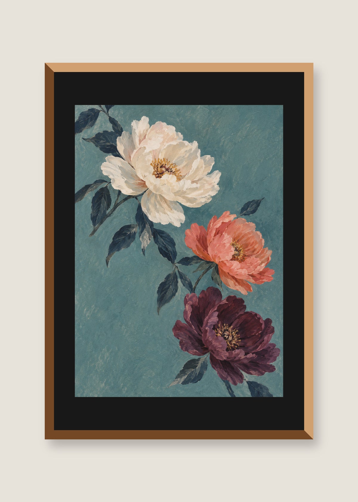 Petals Adrift, Black mat with natural oak frame