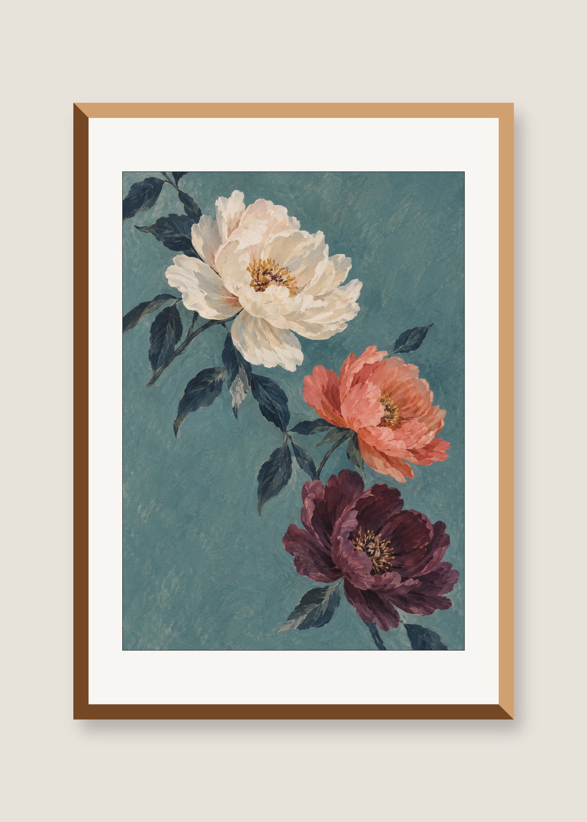 Petals Adrift, White mat with natural oak frame