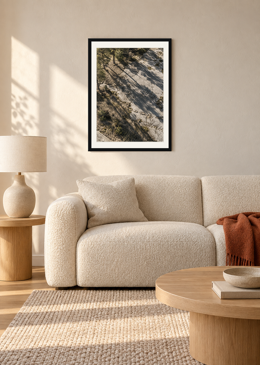 Pine Shadows No. 01, black framed lifestyle presentation with Snow White mount