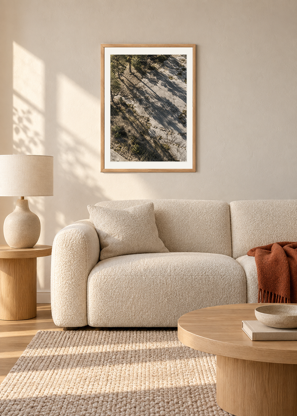Pine Shadows No. 01, natural oak framed lifestyle presentation with Snow White mount