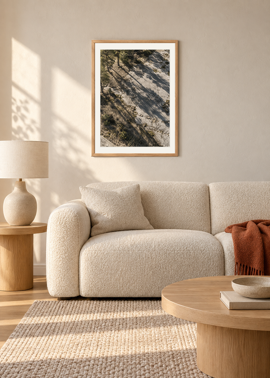 Pine Shadows No. 01, natural oak framed lifestyle presentation with Snow White mount