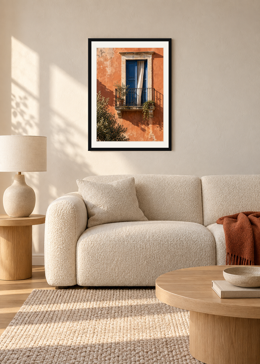 Porto Balcony, black framed lifestyle presentation with Snow White mount