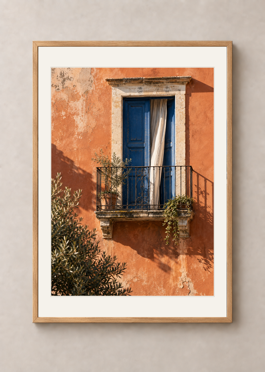 Porto Balcony, natural oak Classic frame with Snow White mount, shown at 50 x 70 cm