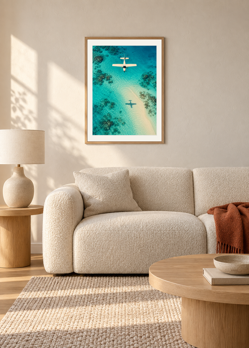 Propeller Shadow, oak framed lifestyle room presentation with white mat