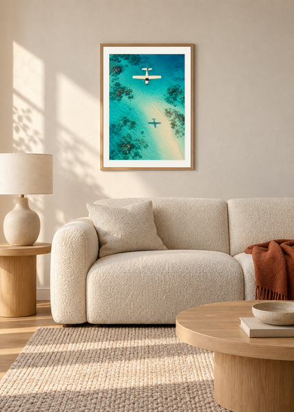 Propeller Shadow, oak framed lifestyle room presentation with white mat