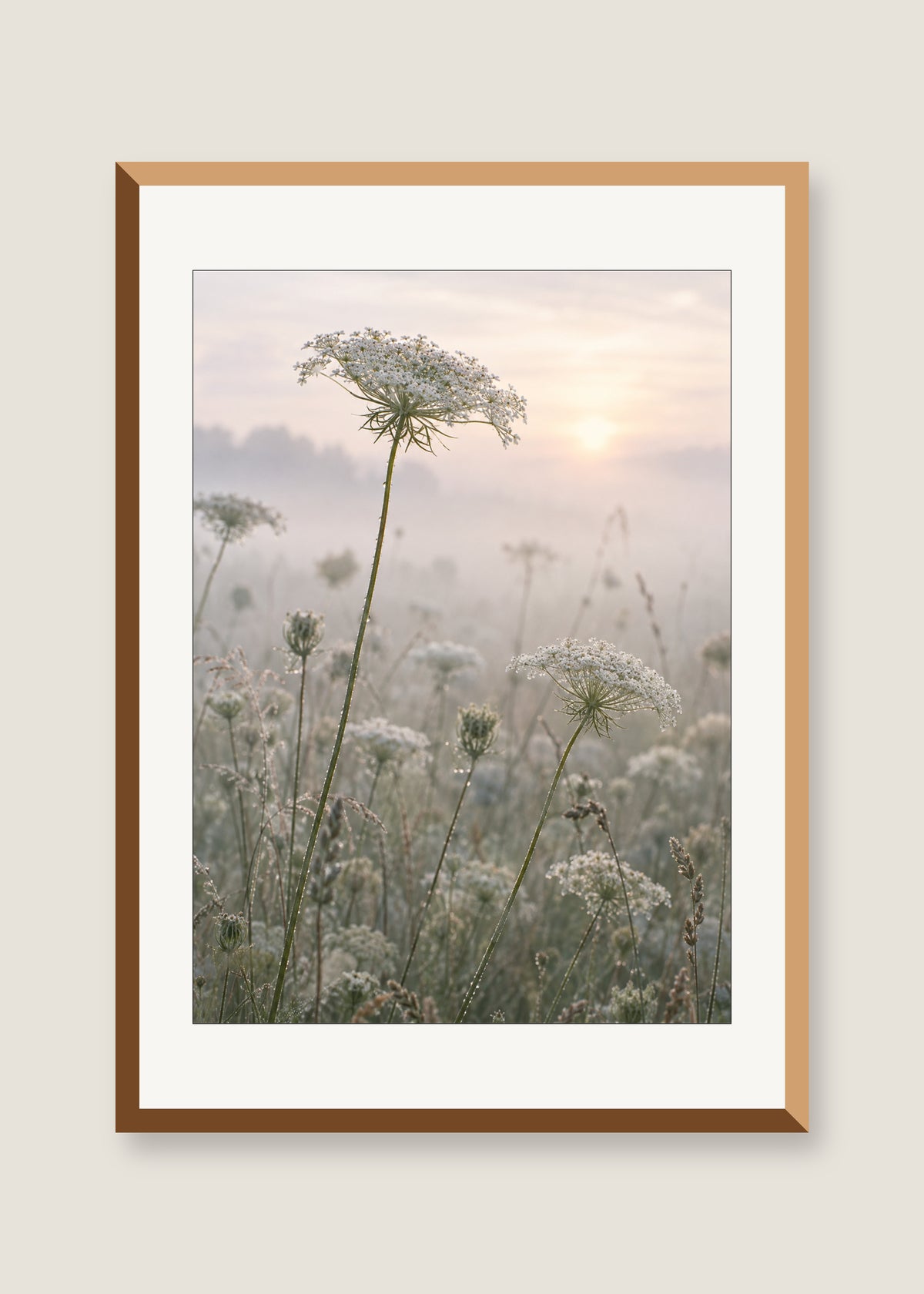 Queen Anne's Lace, White mat with natural oak frame