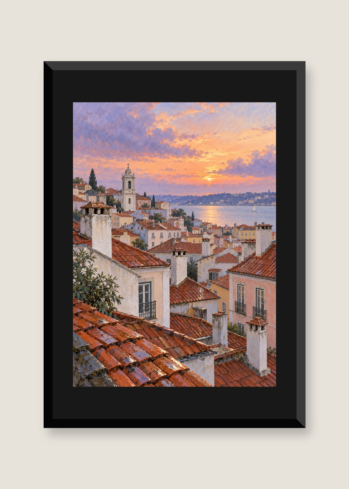 Rooftops After Rain, Black mat with black frame