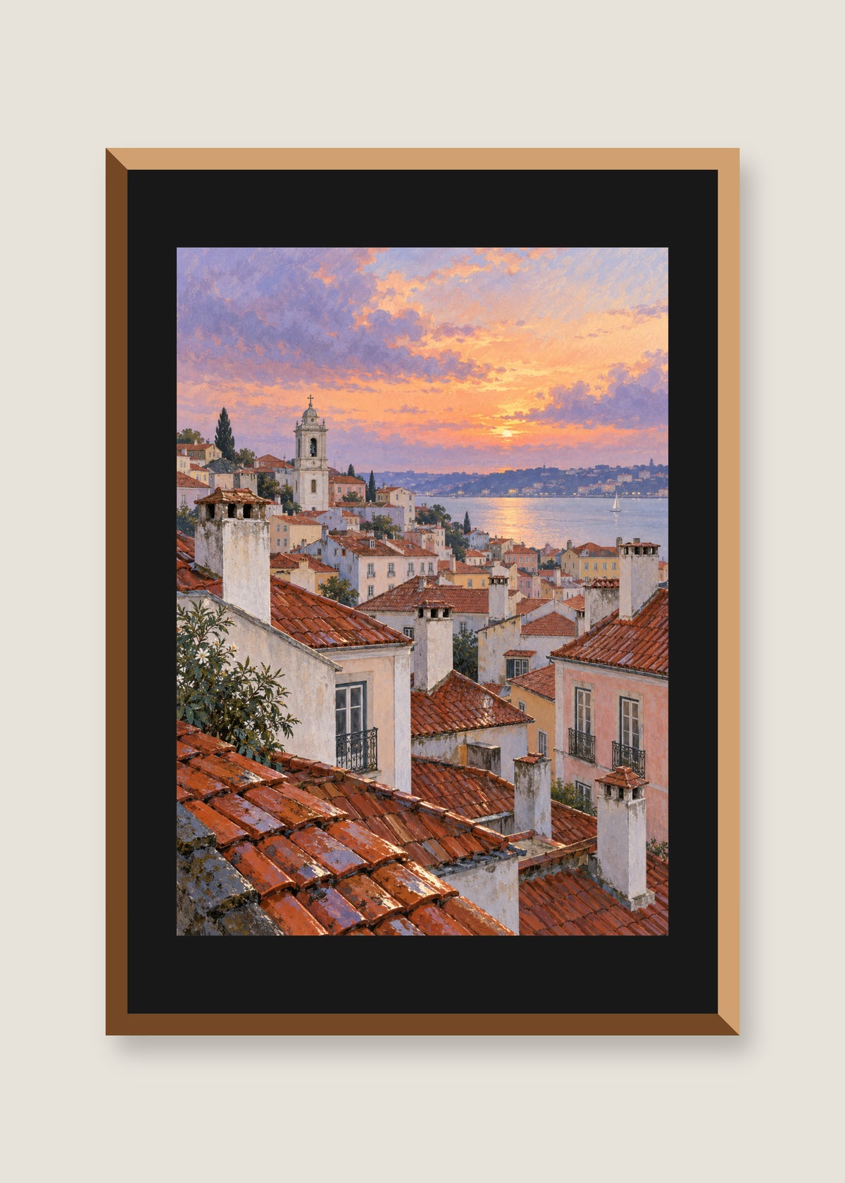 Rooftops After Rain, Black mat with natural oak frame