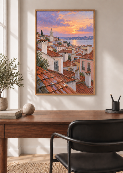 Rooftops After Rain, framed art print in a styled interior