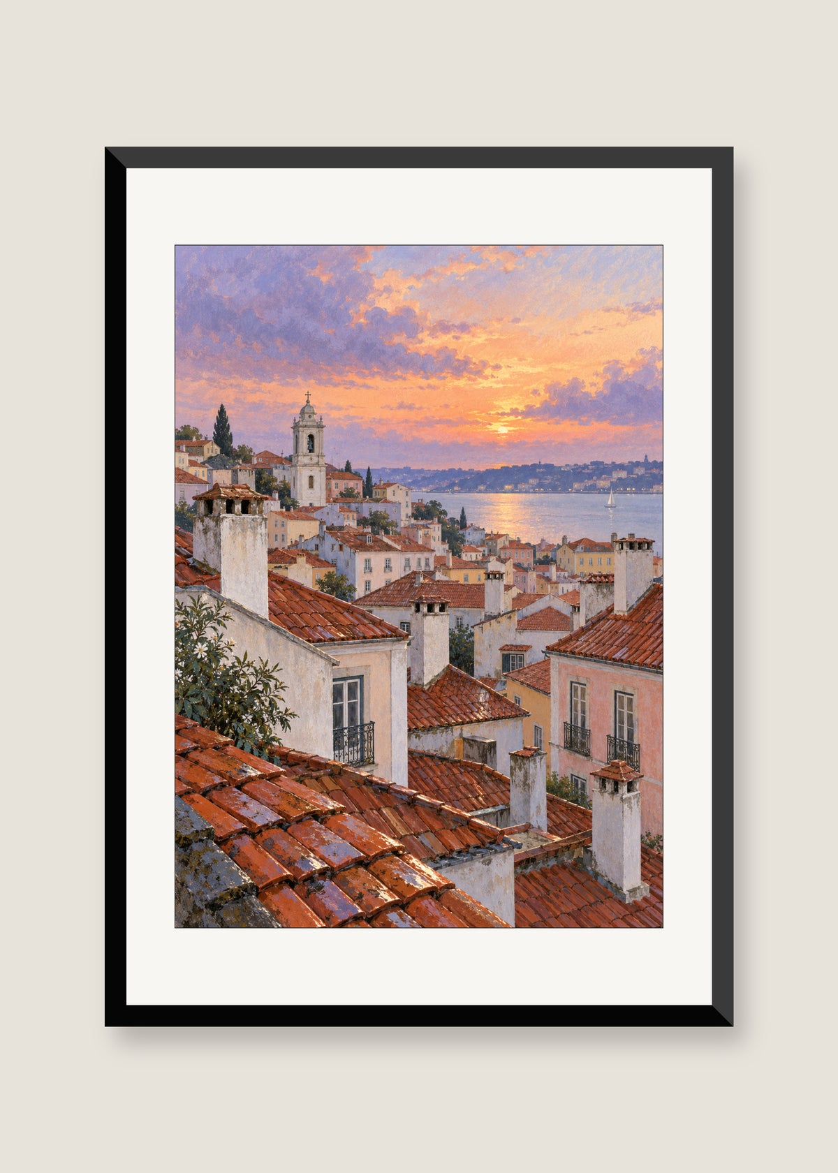 Rooftops After Rain, White mat with black frame