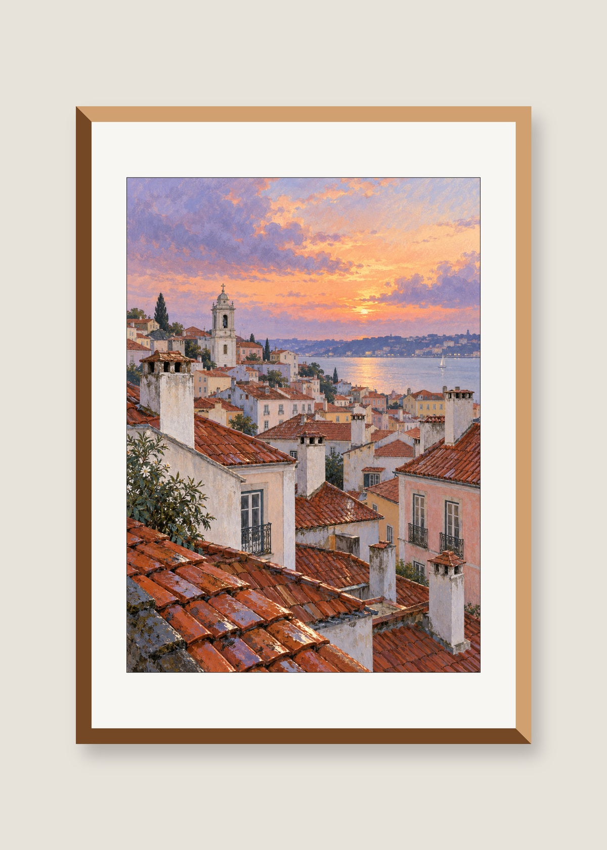 Rooftops After Rain, White mat with natural oak frame