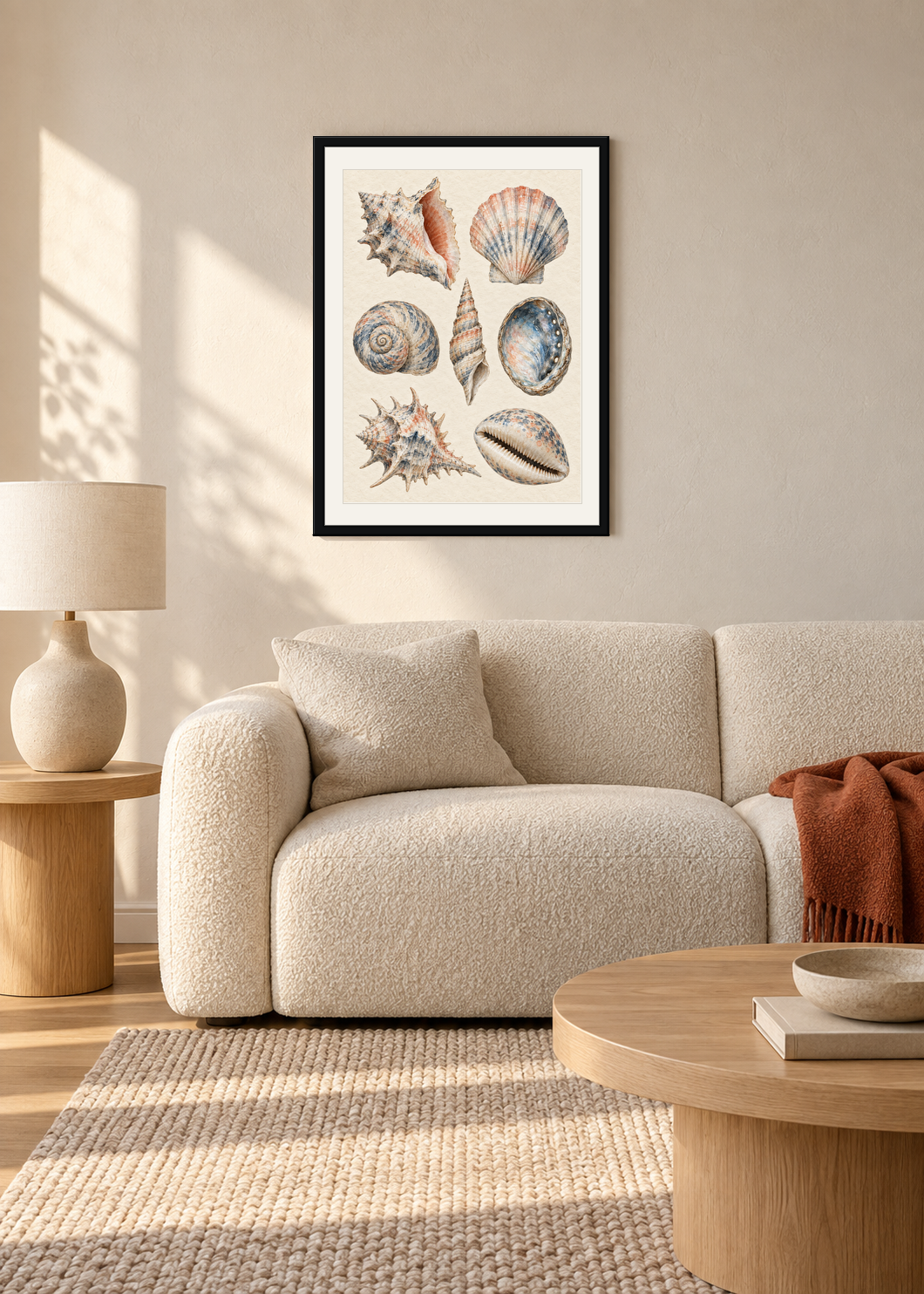 Shell Study in Indigo, black framed lifestyle presentation with Snow White mount