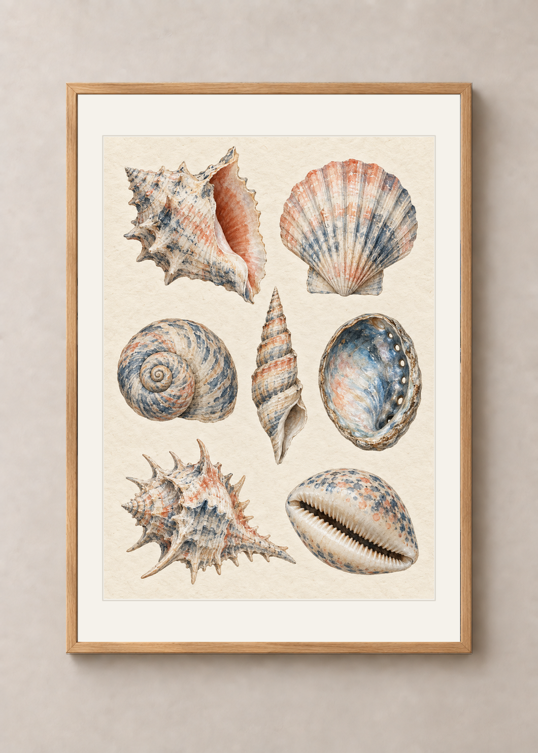 Shell Study in Indigo, natural oak Classic frame with Snow White mount, shown at 50 x 70 cm
