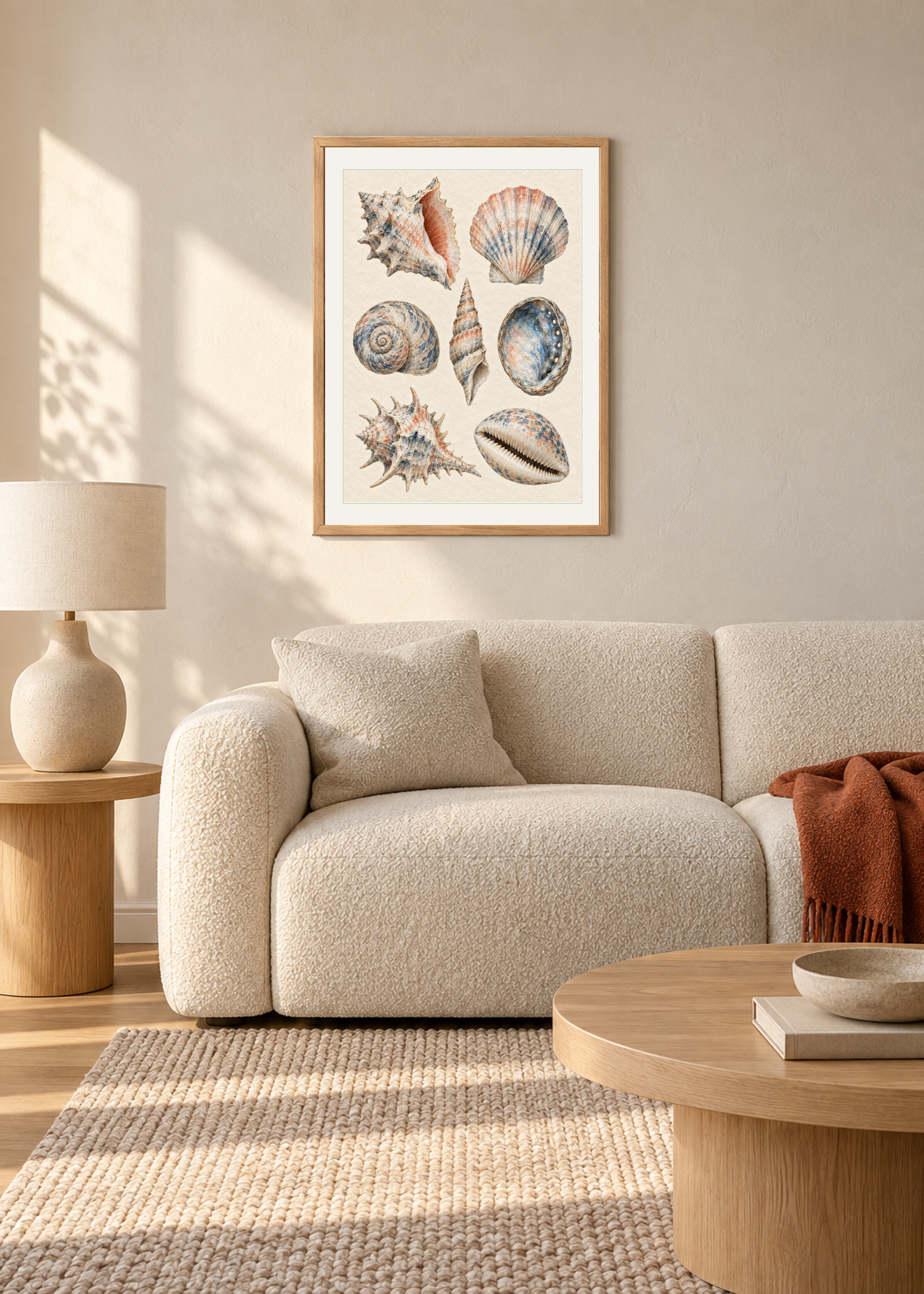 Shell Study in Indigo, natural oak framed lifestyle presentation with Snow White mount