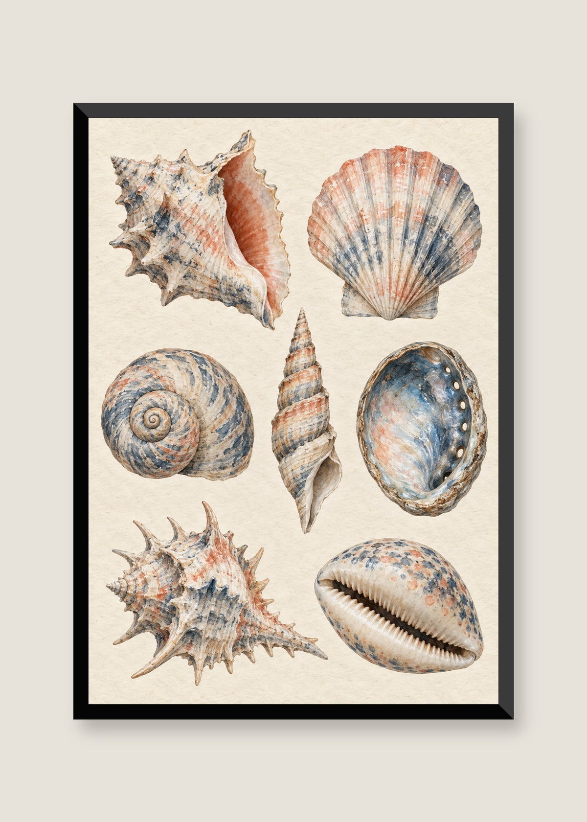 Shell Study in Indigo, No mat with black frame
