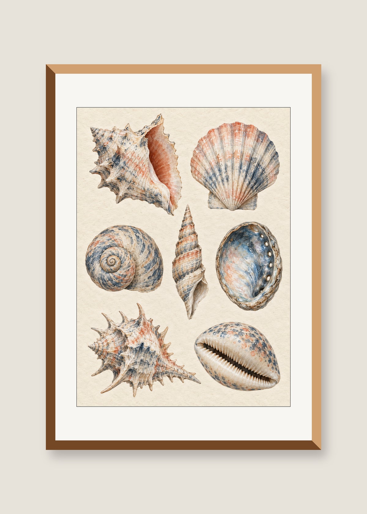 Shell Study in Indigo, White mat with natural oak frame