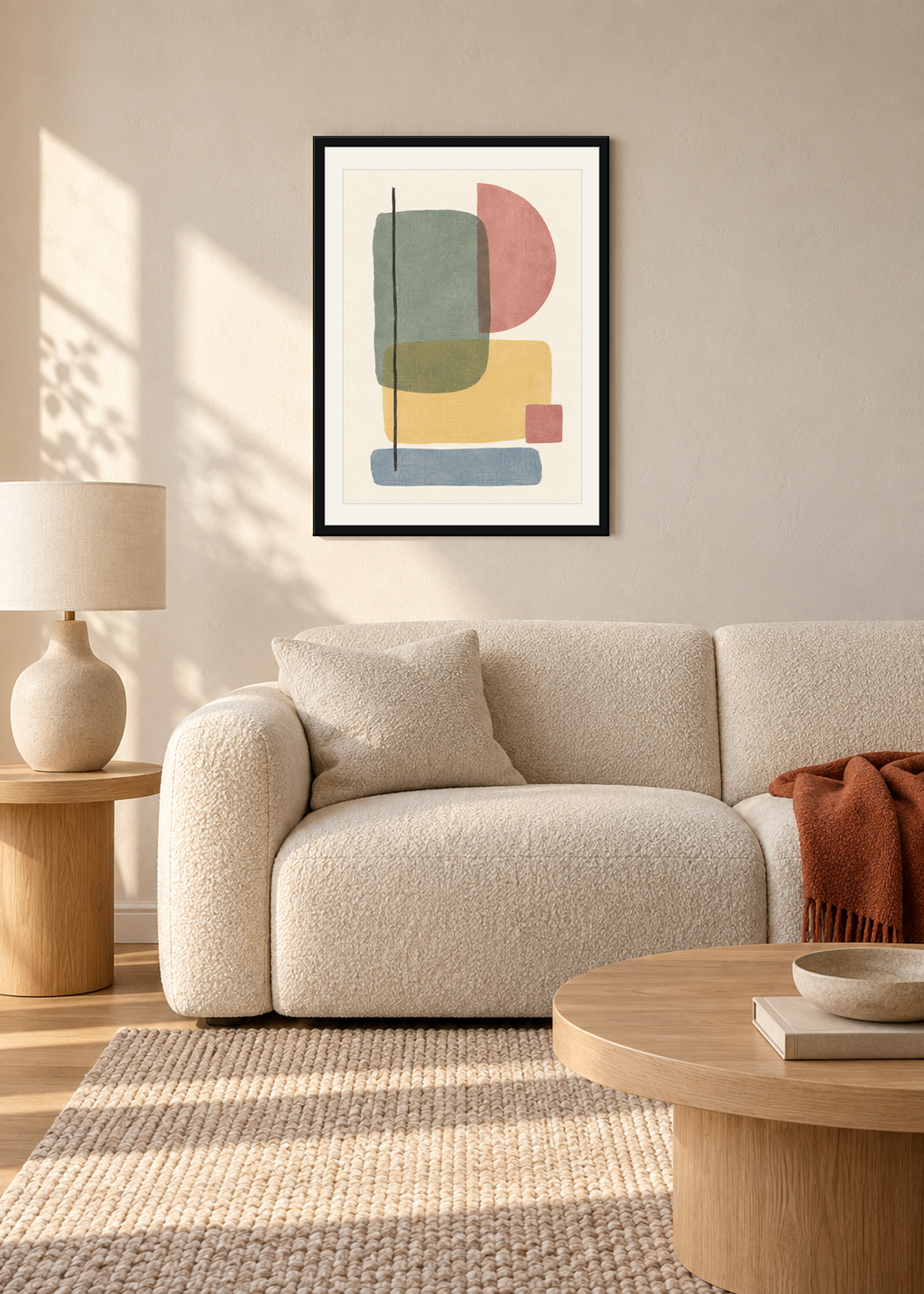 Soft Geometry No. 02, black framed lifestyle presentation with Snow White mount