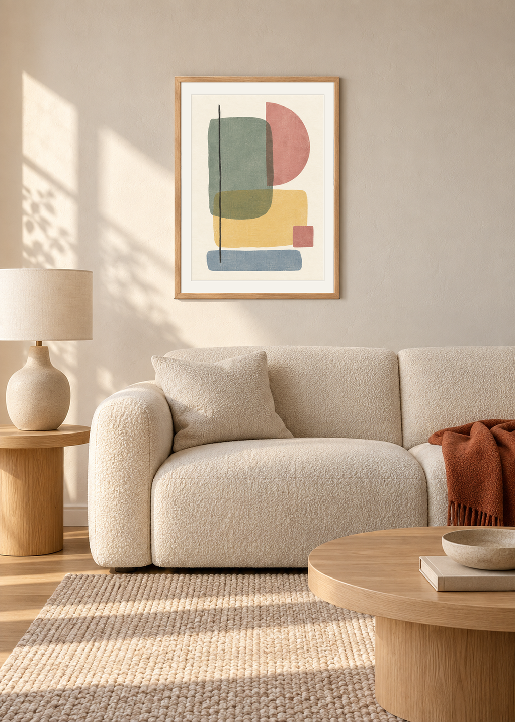 Soft Geometry No. 02, natural oak framed lifestyle presentation with Snow White mount