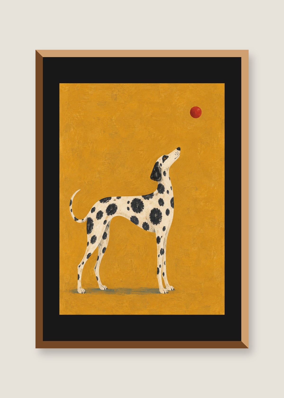 Spotted Dog on Ochre, Black mat with natural oak frame