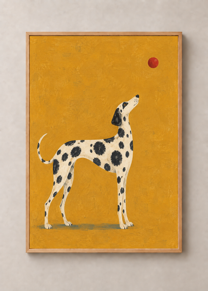 Spotted Dog on Ochre, framed 50 by 70 centimetre art print in natural wood