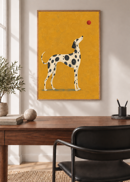 Spotted Dog on Ochre, framed 50 by 70 centimetre art print styled in a modern interior