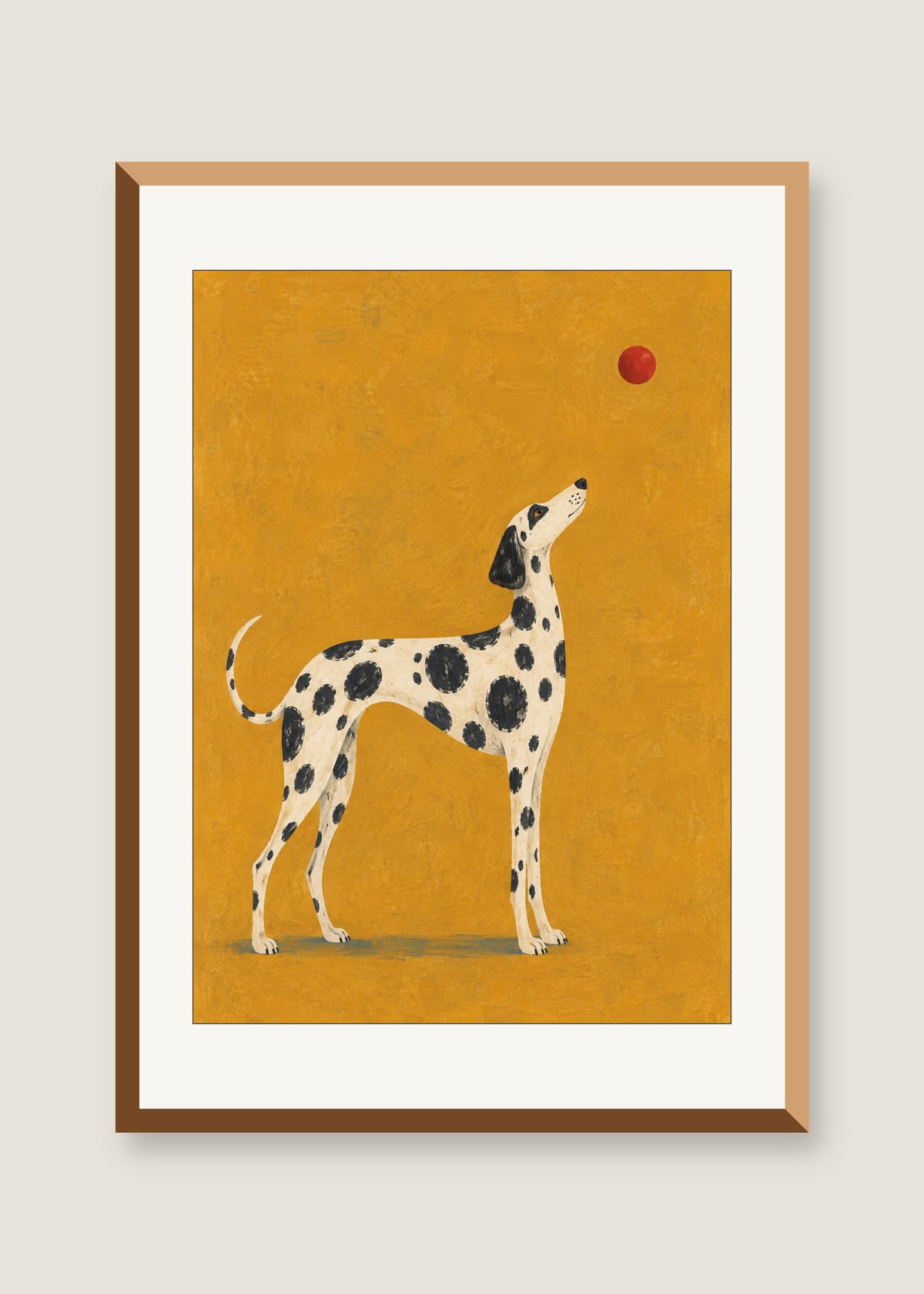 Spotted Dog on Ochre, White mat with natural oak frame