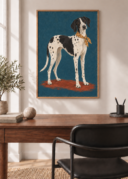 Spotted Hound in Ochre, framed art print in a styled interior