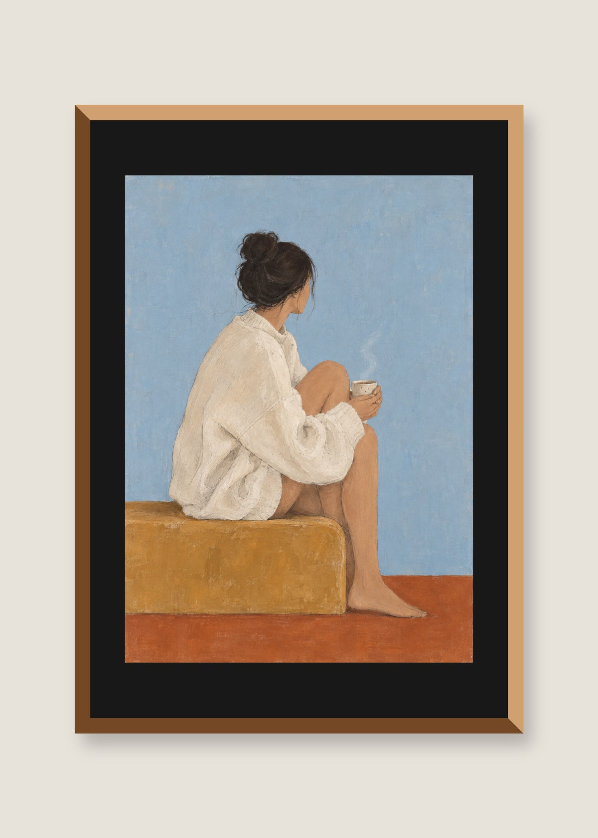 Still Morning, Black mat with natural oak frame