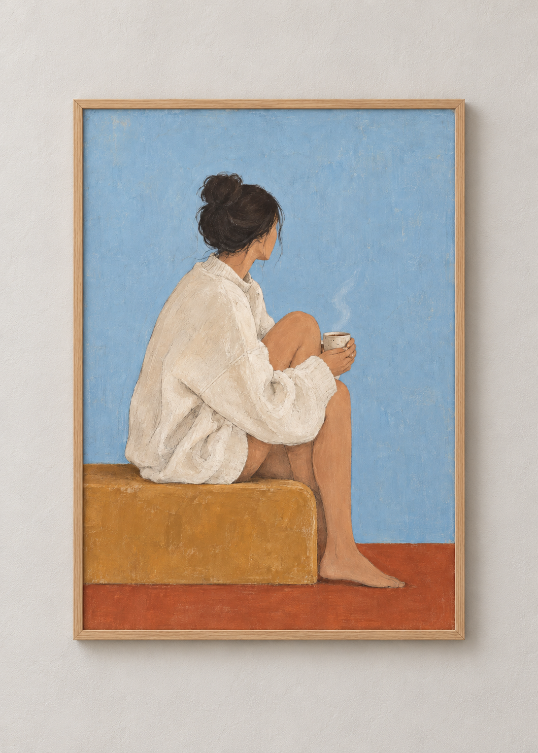 Still Morning art print in a natural oak frame, shown at 50 x 70 cm