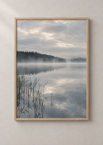 Stillwater Before Noon in a natural wood frame, 50 x 70 cm