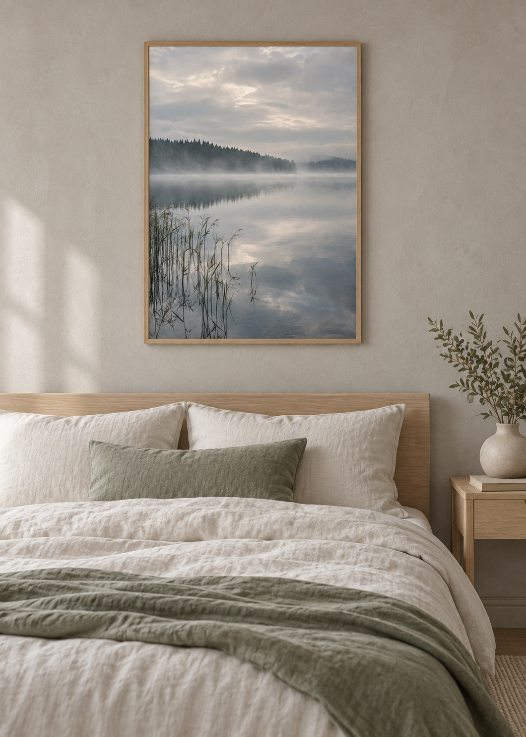 Stillwater Before Noon displayed in a 50 x 70 cm natural wood frame in a Nordic bedroom