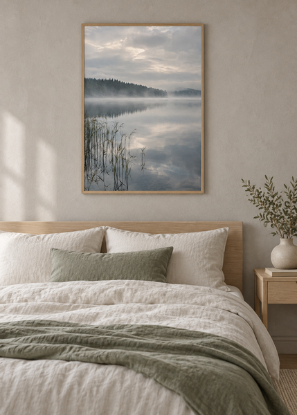 Stillwater Before Noon displayed in a 50 x 70 cm natural wood frame in a Nordic bedroom