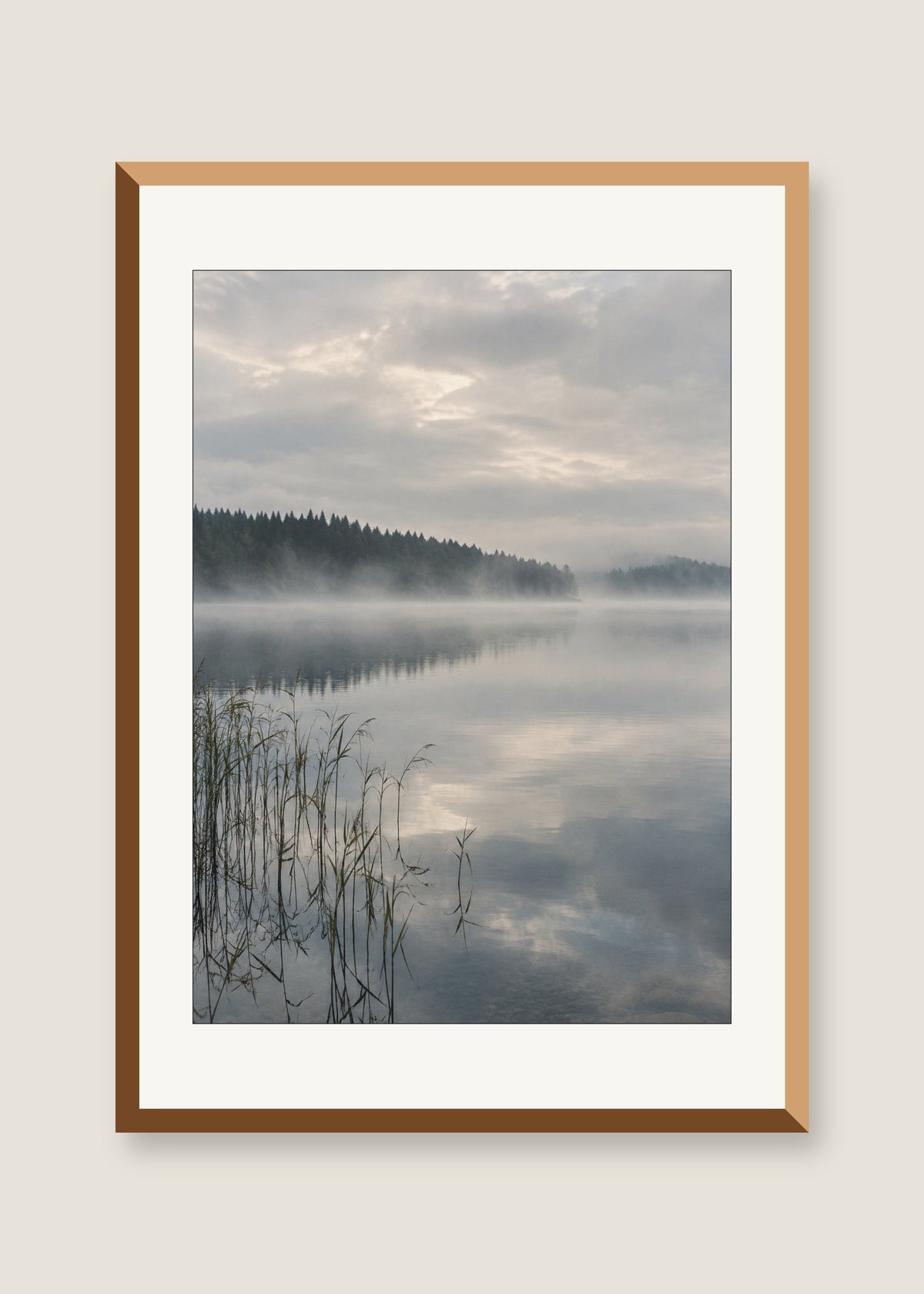 Stillwater Before Noon, White mat with natural oak frame