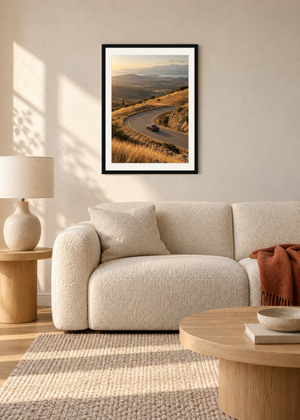 Sunday in Ochre, black framed lifestyle room presentation with white mat