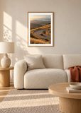 Sunday in Ochre, oak framed lifestyle room presentation with white mat