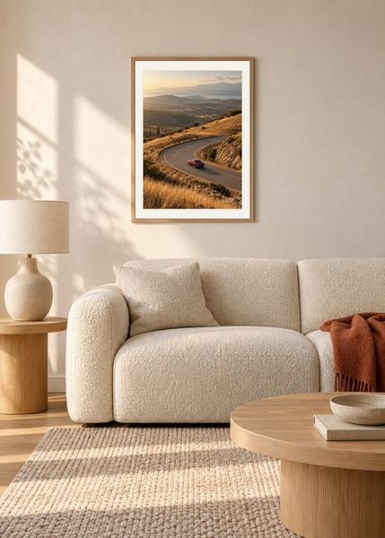 Sunday in Ochre, oak framed lifestyle room presentation with white mat